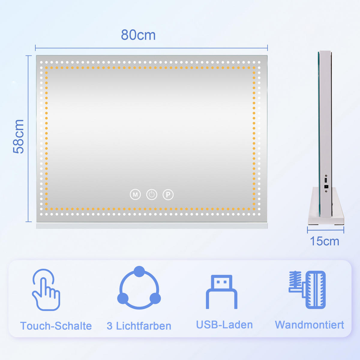 SCHMINKSPIEGEL mit Lichtstreifen LEDs Beleuchtung Glühbirne weiß 80/58 cm - Weiß, Metall (80/58/3cm) - VANITII