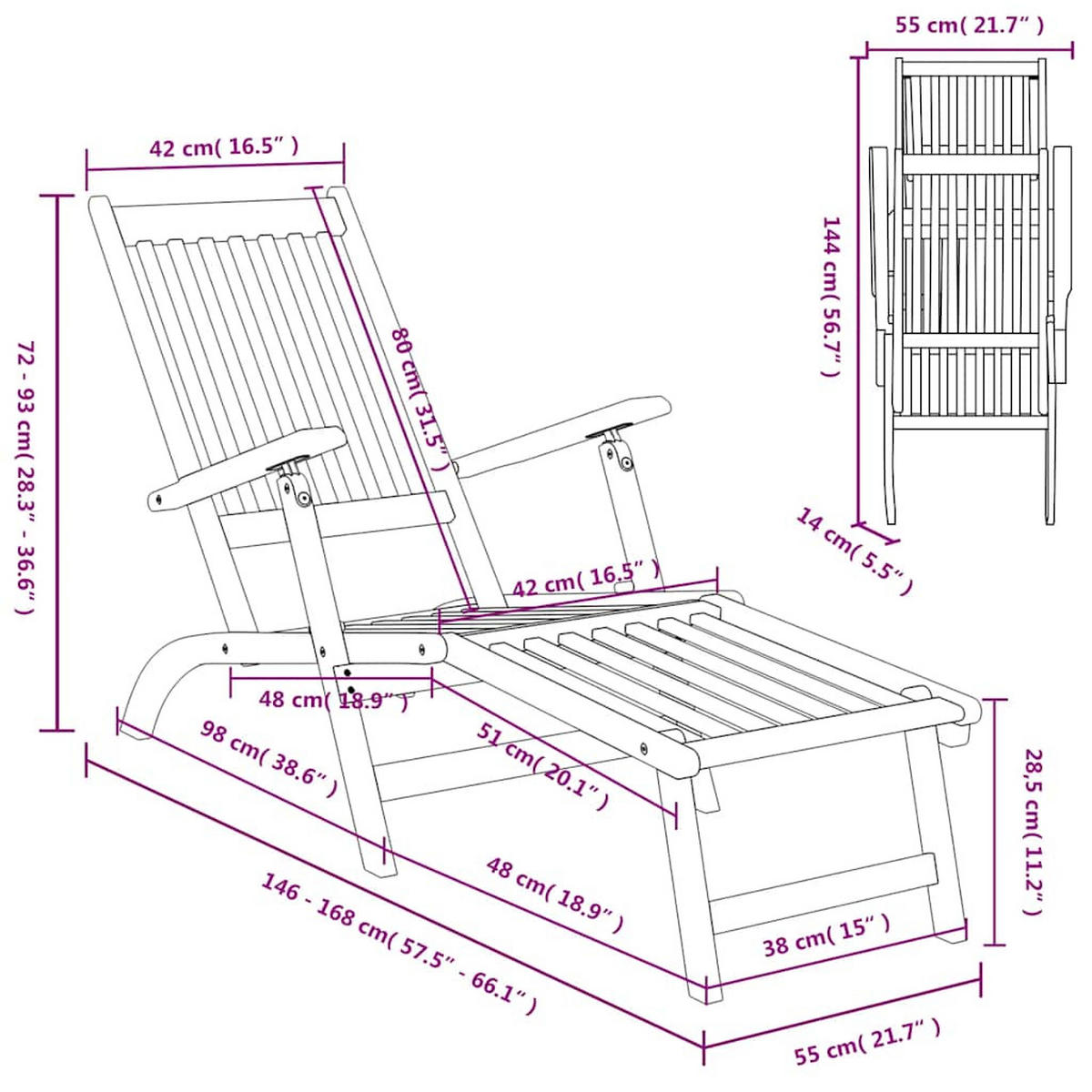 GARTENLIEGEN Mit Fussteil 2er set Massivholz Akazie - Braun, Holz (55/72/168cm) - vidaXL