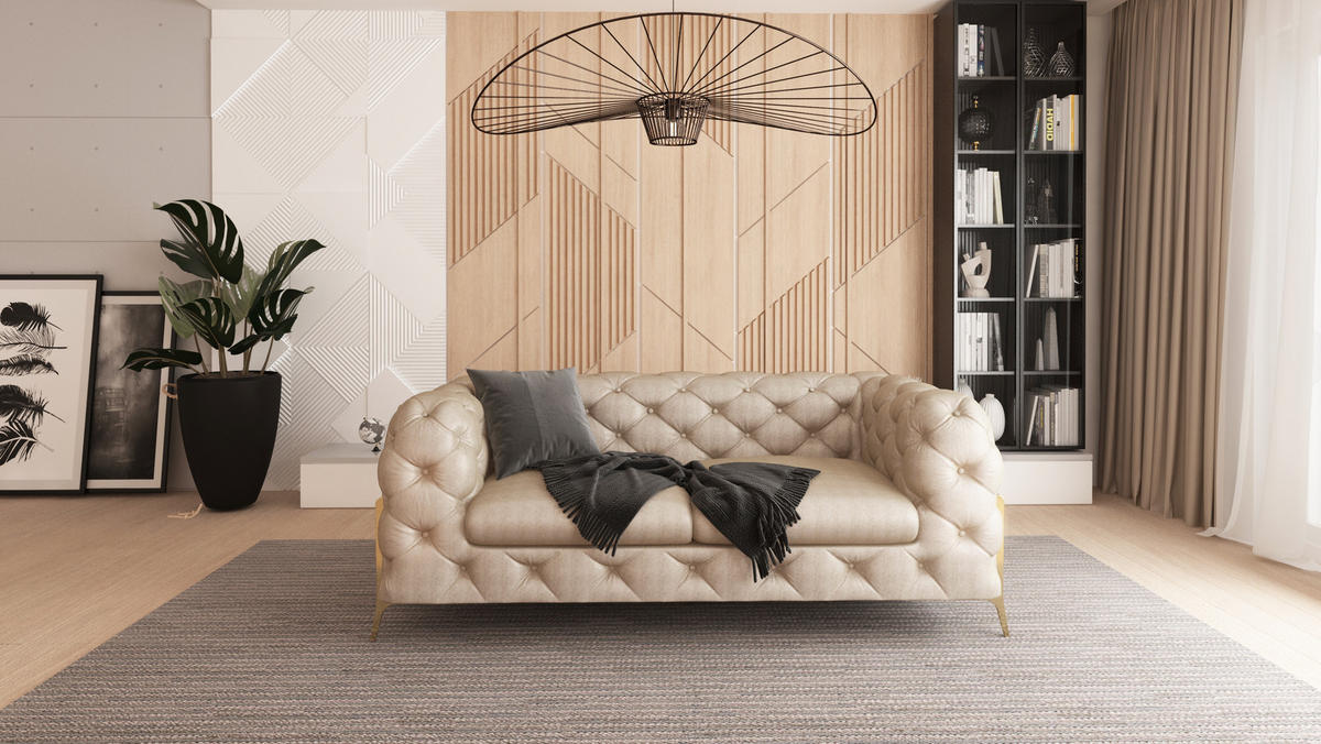 SITZGARNITUR 3+2+1 Chesterfield Vertex Beige Samt - Beige/Goldfarben, Holz/Textil (225/75/100cm) - S-Style Möbel