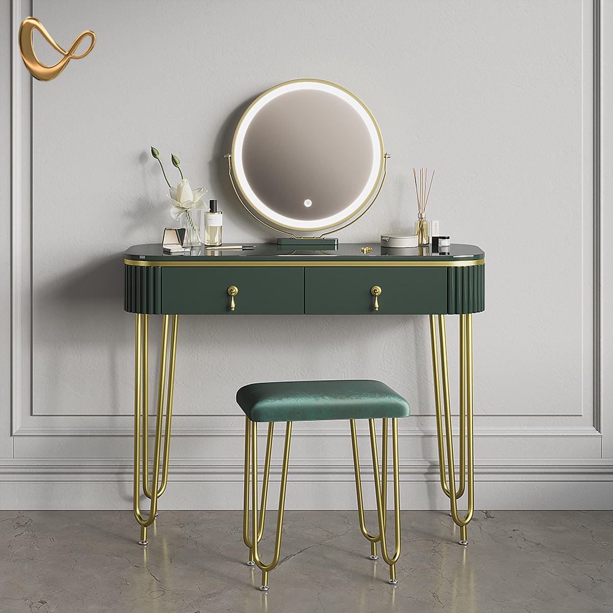 SCHMINKTISCH Isonca Dunkelgrün Hochglanz mit LED Beleuchtung und Hocker - Dunkelgrün, Holzwerkstoff (100/126/40cm) - Livinity®