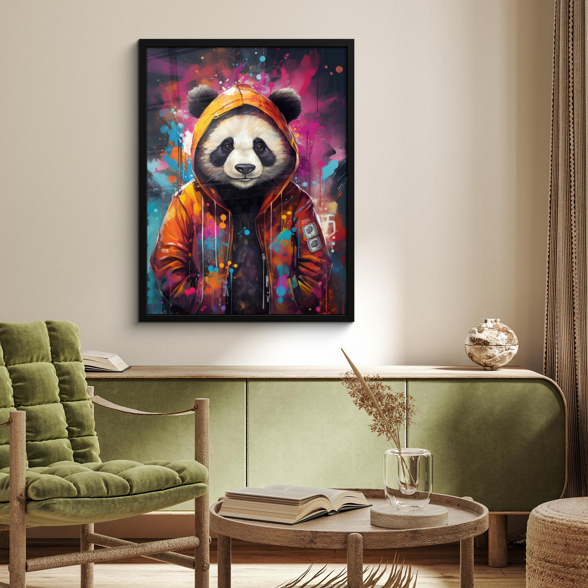 GERAHMTES BILD Panda - Jacke - Graffiti - Orange 60x80 cm - Orange, Papier (60/80cm) - MuchoWow