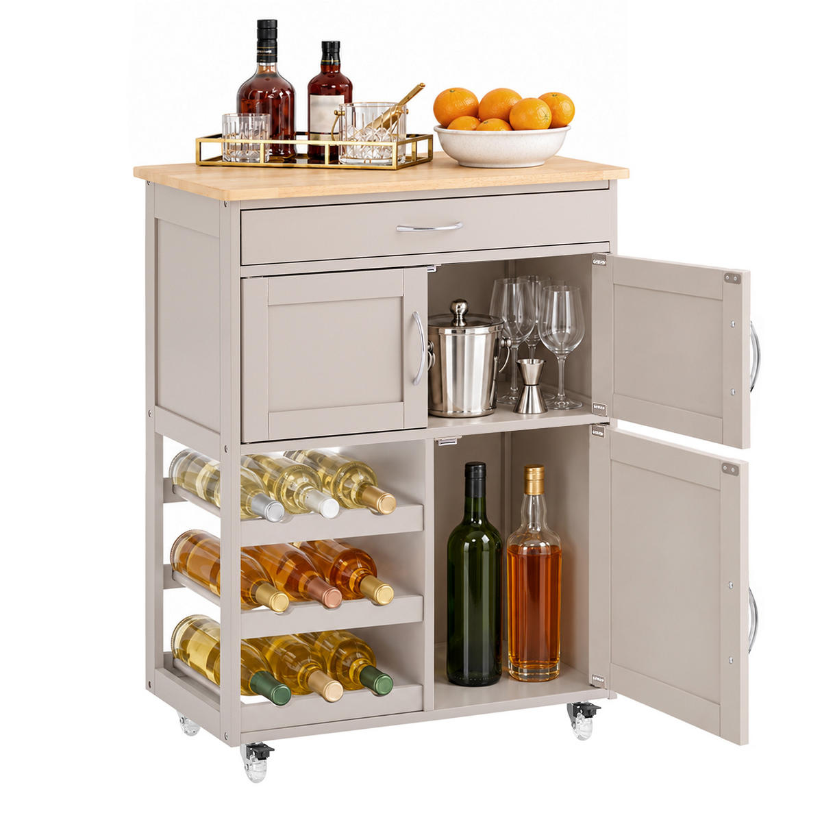 KÜCHENWAGEN mit Rollen und Weinregal, 67 x 86 x 38 cm, Arbeitsplatte aus Kautschukholz, Schublade, für kleine Küchen - Hellbraun, Holz/Holzwerkstoff (67/87/38cm) - SoBuy