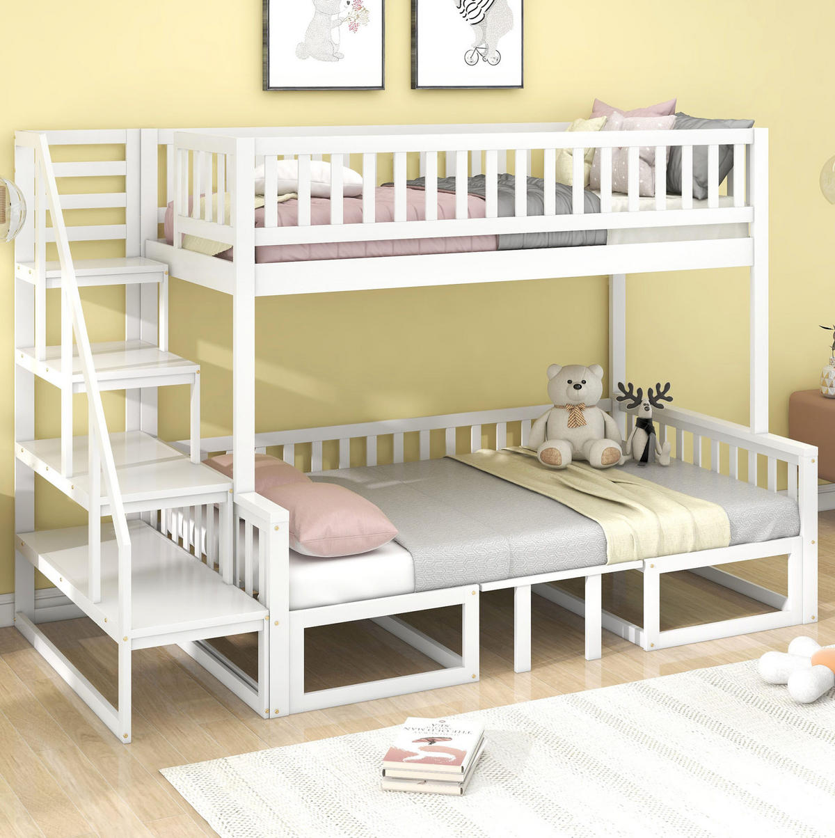 ETAGENBETT aus Kiefer und MDF 245,5x125x170 cm Weiß mit Treppe, verstellbarem Tisch und ausziehbarer Liegefläche - Weiß, Holzwerkstoff (90/200cm) - Modfu