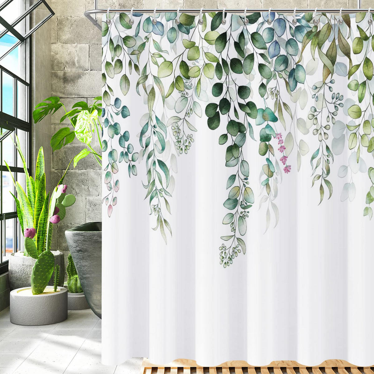 DUSCHVORHANG Aquarell-Pflanzenmuste Salbeigrün 180/180 cm - Salbeigrün, Textil (180/180cm) - Kaket