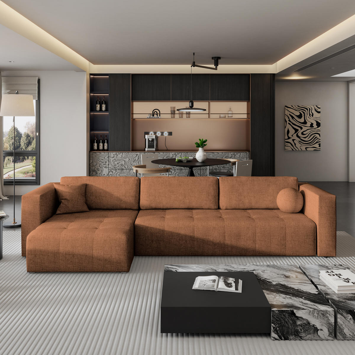 ECKSOFA OLVERA Kupferfarben Geflochtener Stoff mit Schlaffunktion - Kupferfarben, Holz (347/148cm) - MASSENO