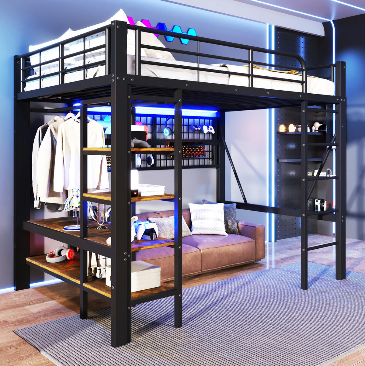 VYSOKÁ postel 140/200 cm černá s LED osvětlením a úložným prostorem z kovu a MDF - černá, kov (140/200cm) - OKWISH