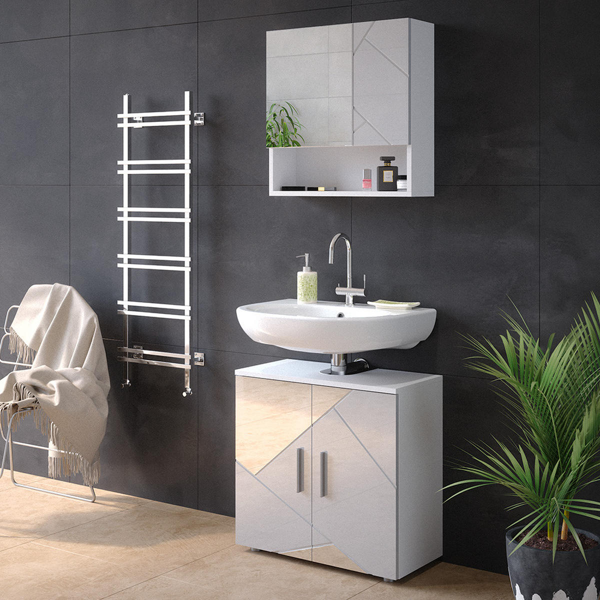 BADMÖBEL-SET Irma Weiß 2 Teile, Unterschrank 60 cm - Weiß Hochglanz/Weiß, Holzwerkstoff (80/58.6/41cm) - Vicco