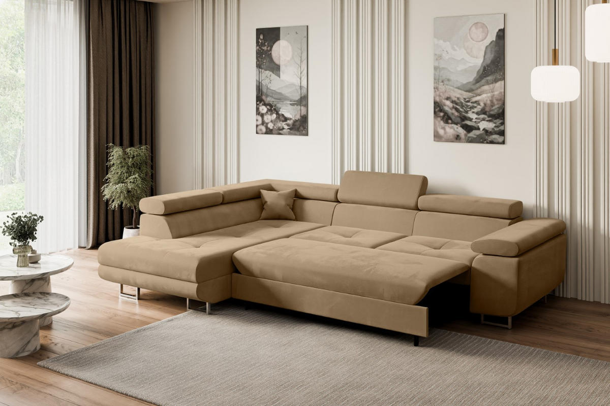 ECKSOFA mit Schlaffunktion und Bettkasten GUSA-L 272x202x107 cm Beige Velours - Beige/Silberfarben, Holzwerkstoff/Textil (202/272cm) - ALTDECOR