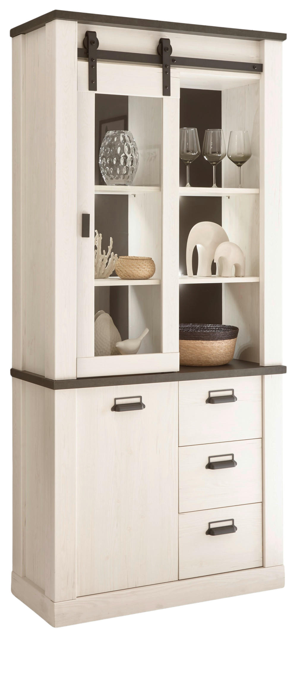 VITRINE weiß Pinie, anthrazit, Landhaus, Vitrinenschrank 93 x 201 cm - Anthrazit/Weiß, Holzwerkstoff/Metall (93/201/38cm) - Furn.Design