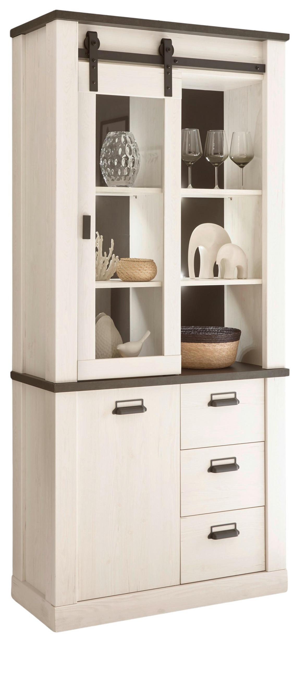 VITRINE weiß Pinie, anthrazit, Landhaus, Vitrinenschrank 93 x 201 cm - Anthrazit/Weiß, Holzwerkstoff/Metall (93/201/38cm) - Furn.Design