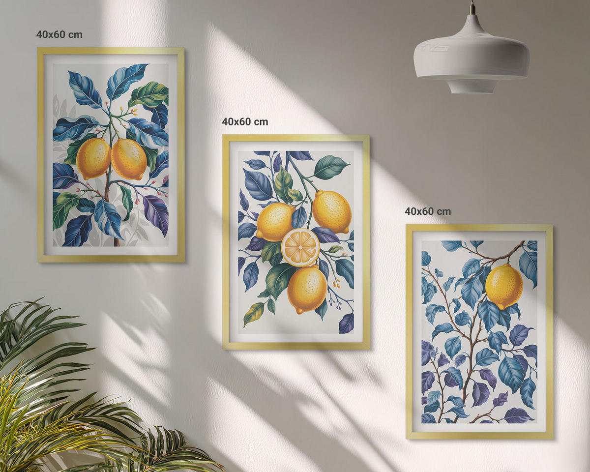 BILDER SET 3er Set - 40x60 cm Goldrahmen - Zitronenzweige mit blauen Blättern - Goldfarben, Kunststoff (40/60cm) - TULUP