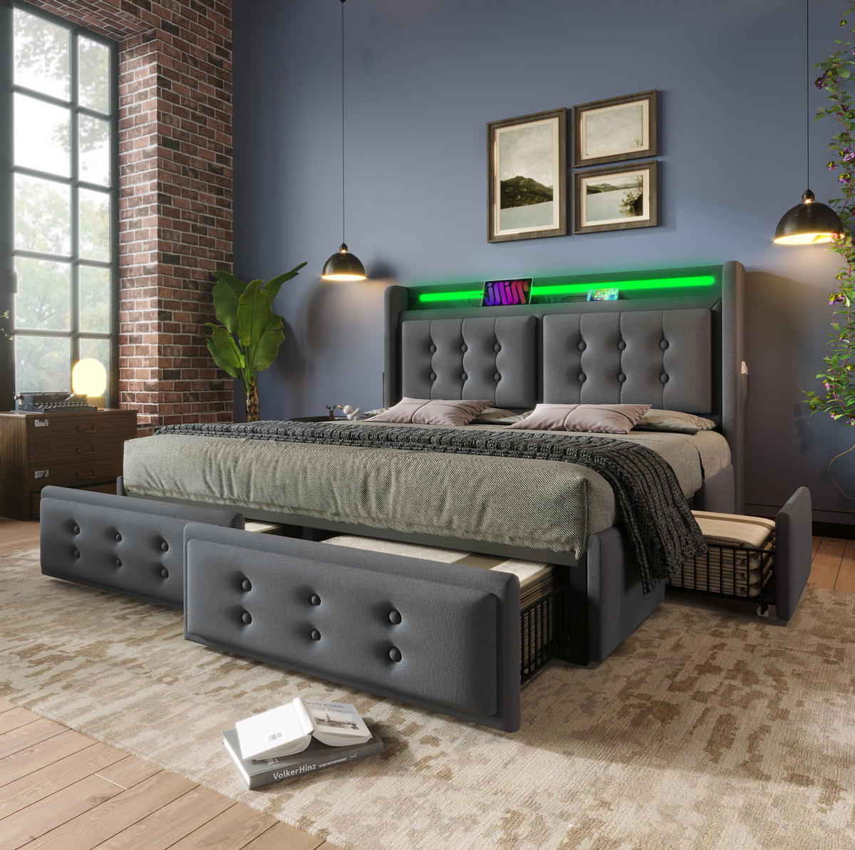 POLSTERBETT mit LED und 4 Schubladen 140x200 cm Baumwoll-Leinen Grau - Grau, Metall (140/200cm) - Meubliv