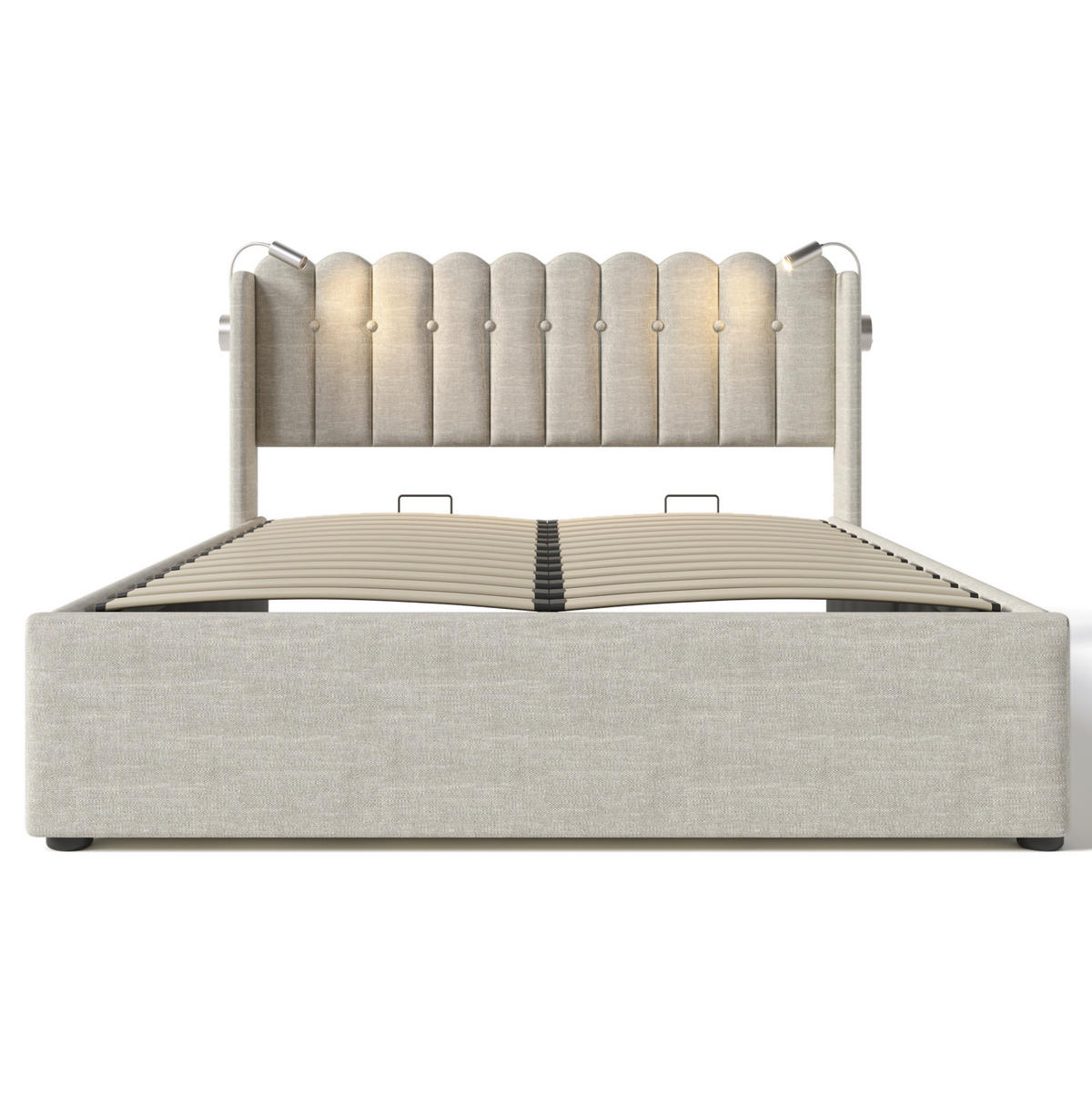 POLSTERBETT 140/200 cm in Naturfarben mit Stauraum und USB-Leselicht - Naturfarben, Textil (140/200cm) - Flora Grace