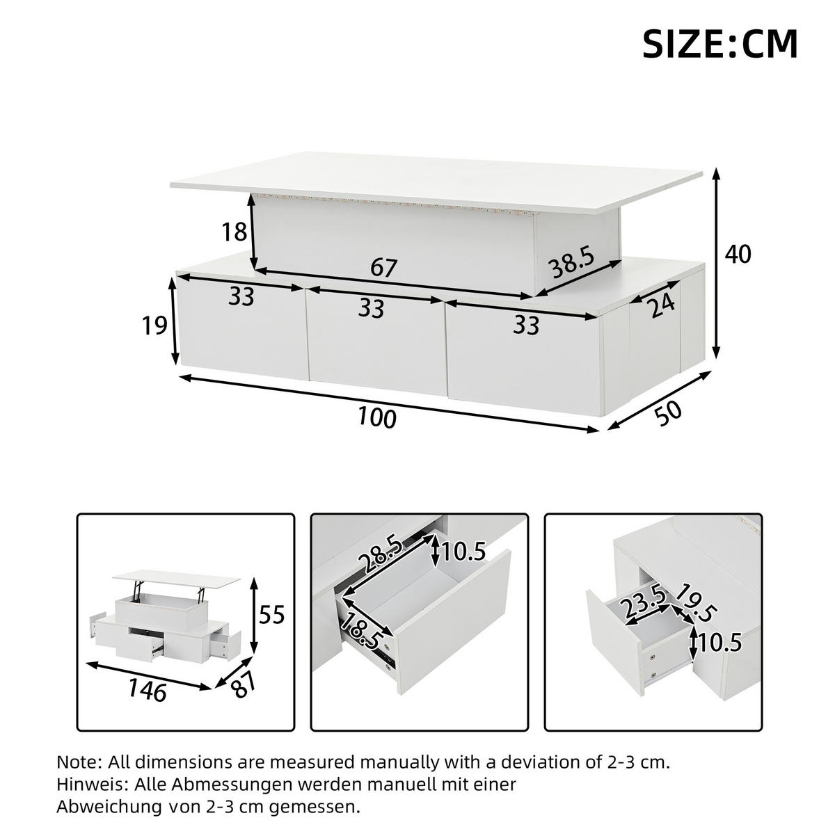 KONFERENČNÍ stolek 100/50/40 cm bílý z MDF s výklopnou deskou LED a 4 zásuvkami - bílá, kompozitní dřevo (100/50/40cm) - OKWISH