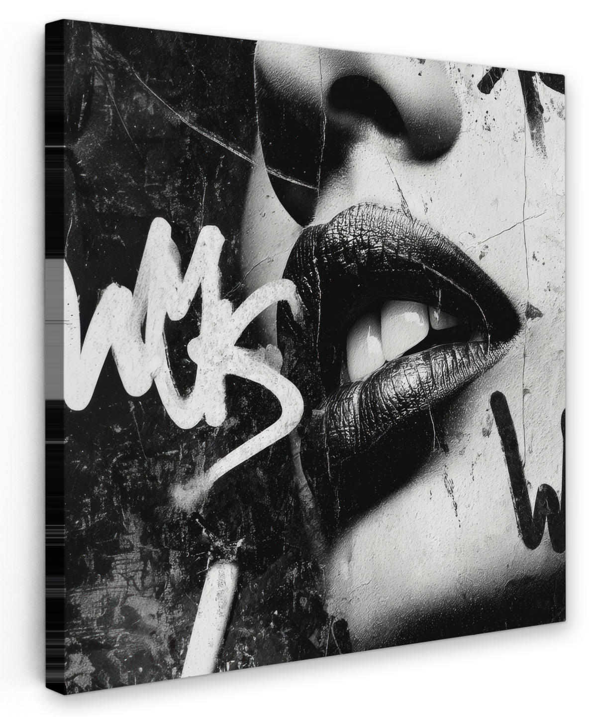 LEINWANDBILD Gesicht - Mund - Graffiti - Schwarz Deko Wohnzimmer 20x20 cm - Schwarz, Textil (20/20cm) - MuchoWow