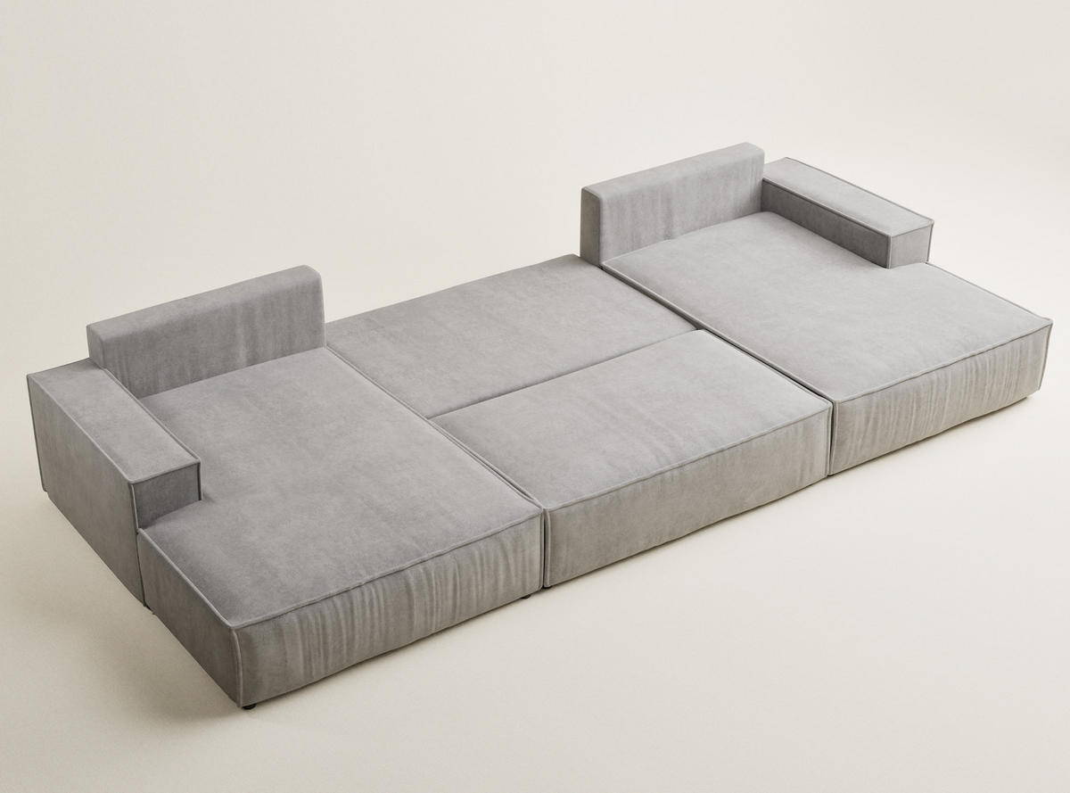 WOHNLANDSCHAFT Kyoto Grau Beige Webstoff - Schwarz/Grau, Holz/Holzwerkstoff (398/70/148cm) - Maison de Reve