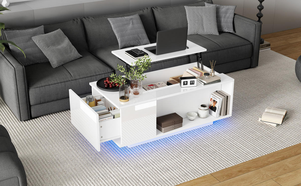 COUCHTISCH, höhenverstellbar mit hydraulischem Hub, Stauraum & LED-Bluetooth, Weiß Hochglanz, 100/50/40 cm,Weiß - Weiß, Holzwerkstoff (50/100/40cm) - Redom