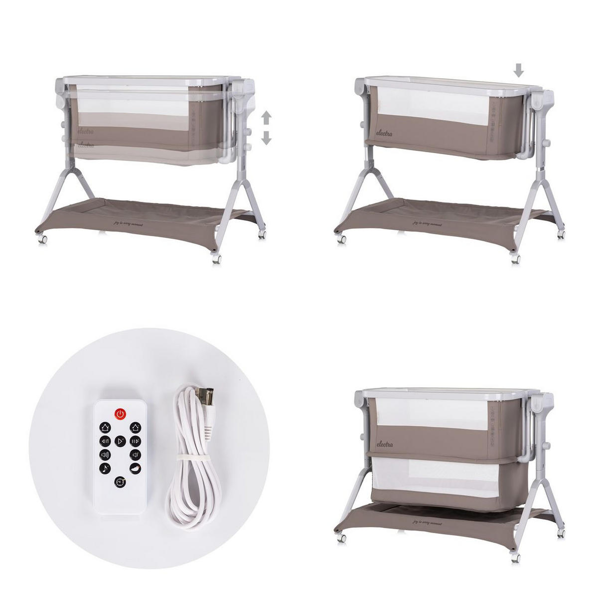 BEISTELLBETT Electra hellbraun 113 x 72 cm, Schaukelfunktion, 5-fach verstellbar, Moskitonetz, Korb - Braun, Metall (52/83cm) - Chipolino