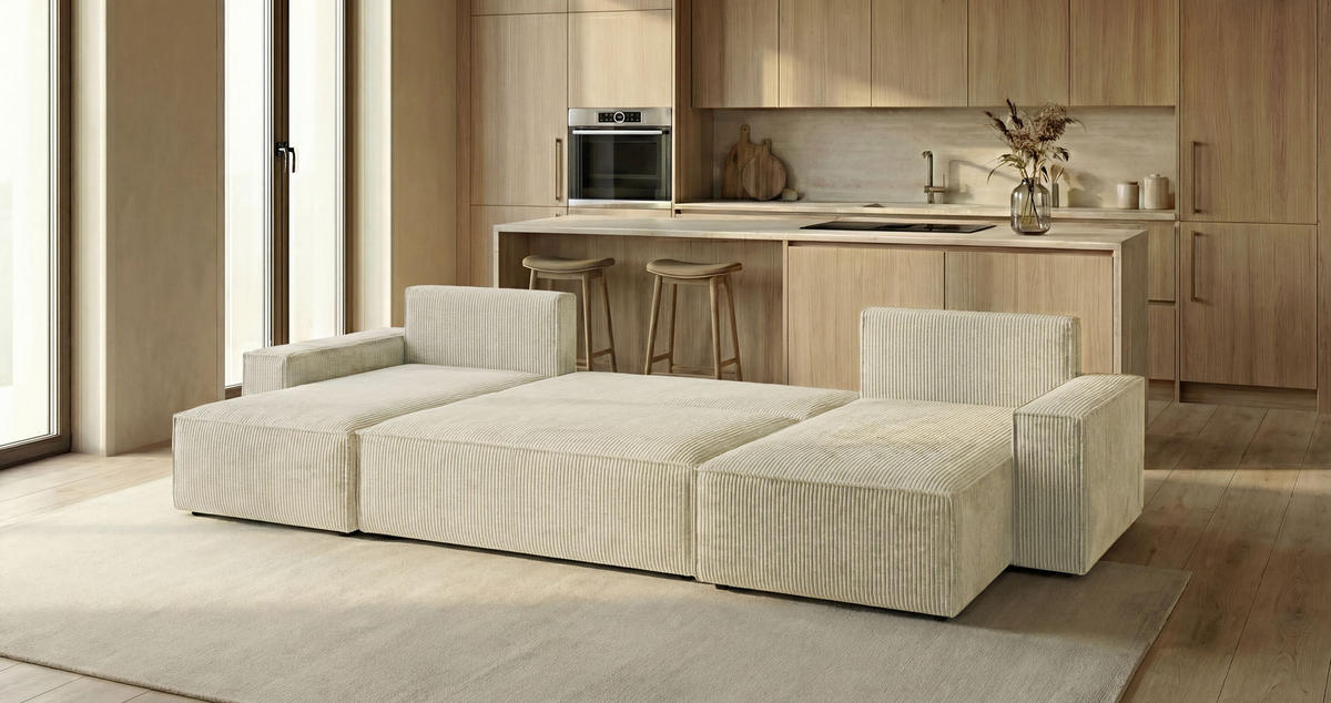 WOHNLANDSCHAFT CALIFORNIA MINI U-Form weiß Cord Poso 100 - Schlaffunktion, Bettkasten - Weiß, Textil (312/85/142cm) - Cornero