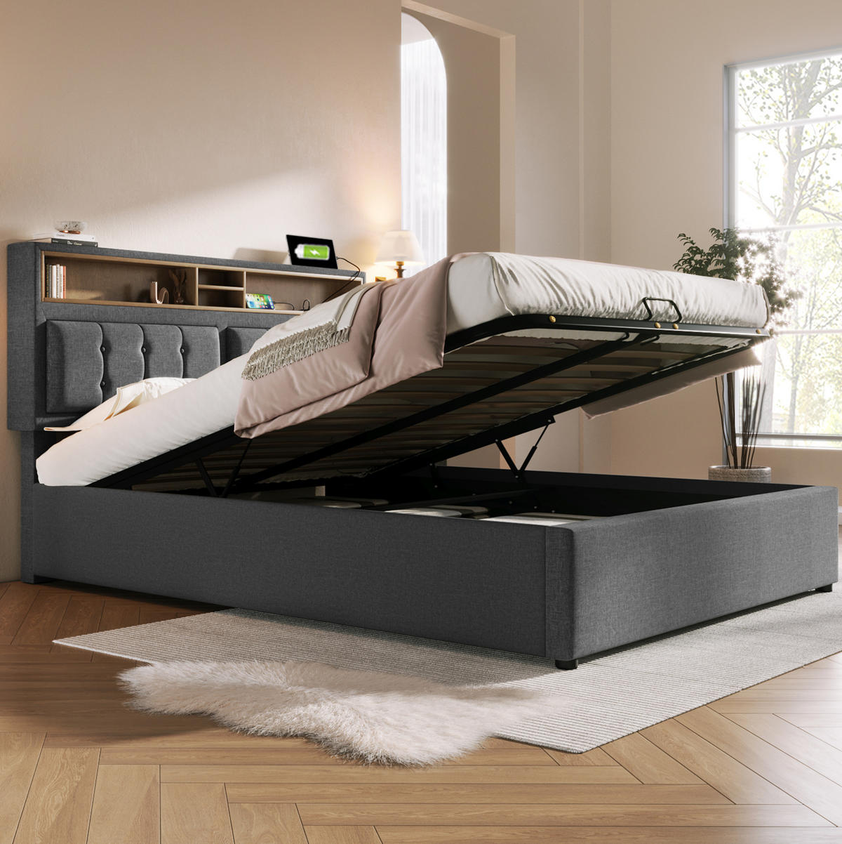 POLSTERBETT mit Stauraum und USB/Typ-C 160x200 cm Leinen Grey - Grau, Metall (160/200cm) - Meubliv