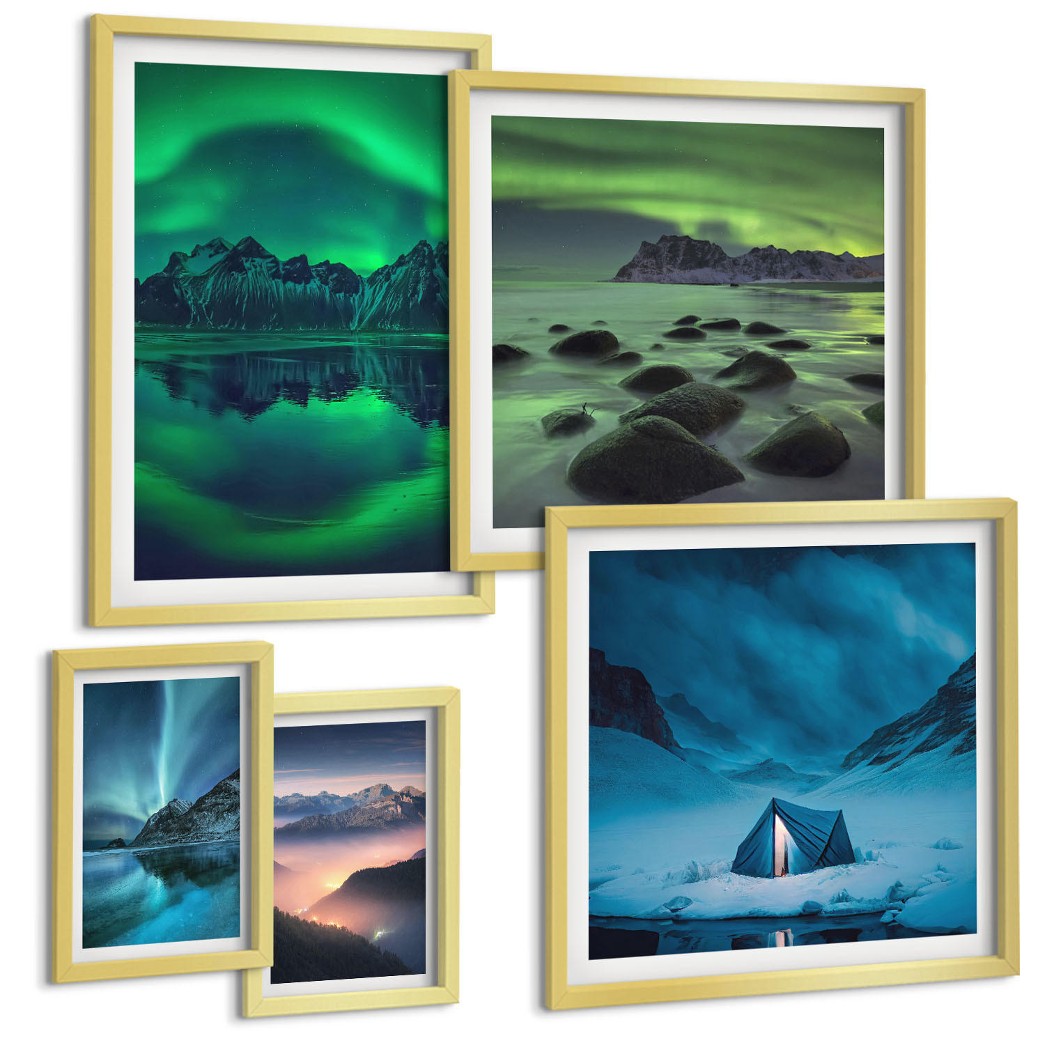 BILDER SET 5er Set - 50x50 cm & 20x30 cm & 40x60 cm Goldrahmen - Stilvolle Pflanzenmuster und Geometrie - Goldfarben, Kunststoff (40/60cm) - TULUP