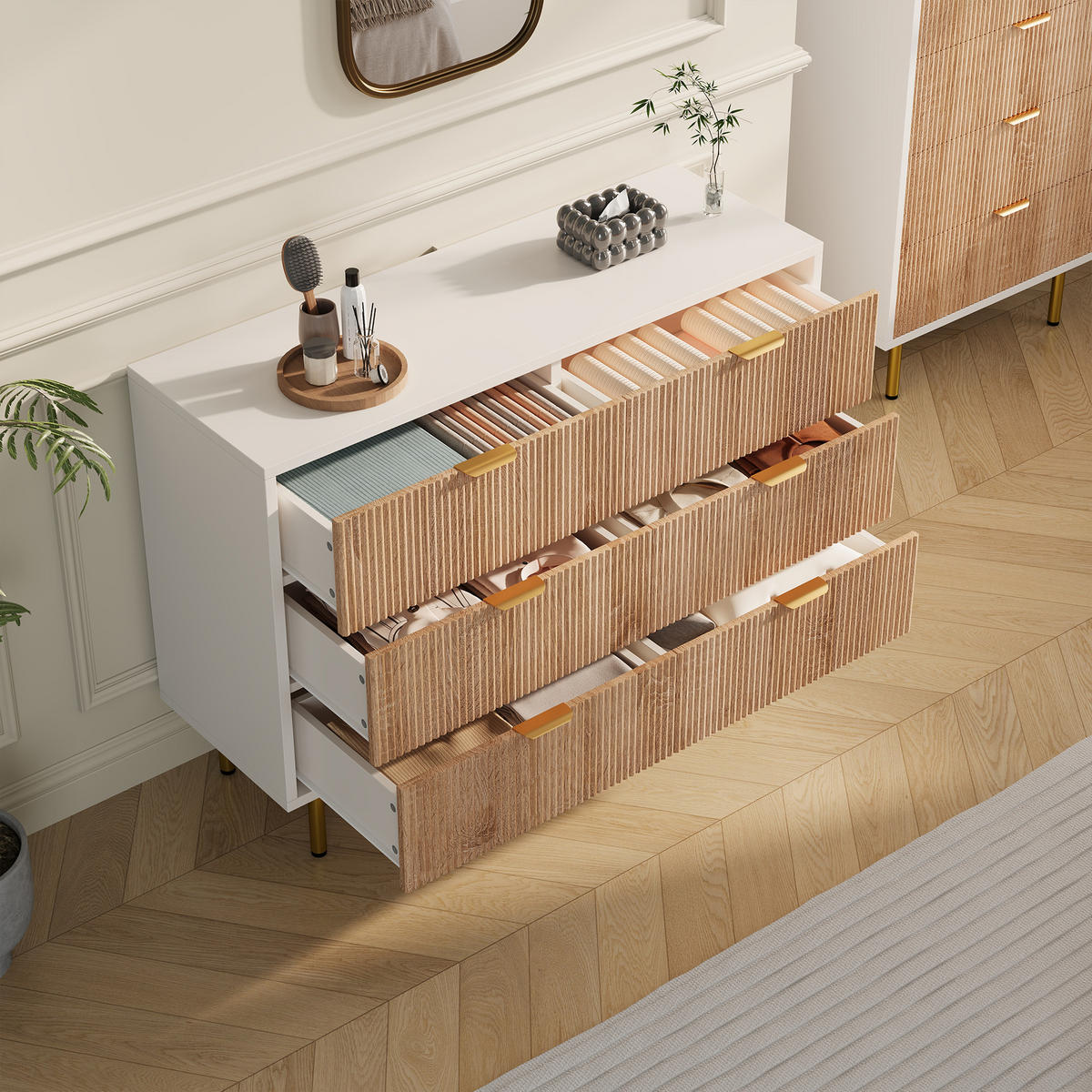 KOMMODE mit 6 Schubladen, Schubladenschrank Holz, in Naturholzfarbe + Weiß - Goldfarben/Naturfarben, Holz/Metall (34/73/100cm) - BPKADHY