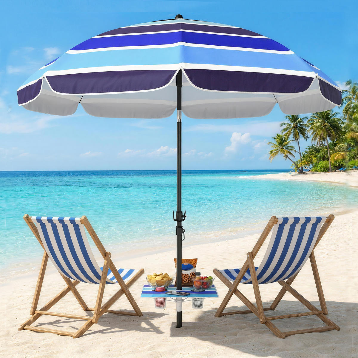 STRANDSCHIRM DE-05609 Mit klappbarem Tisch & Getränkehalter Mehrfarbig - Multicolor, Textil/Metall (198/198cm) - ComfortXL