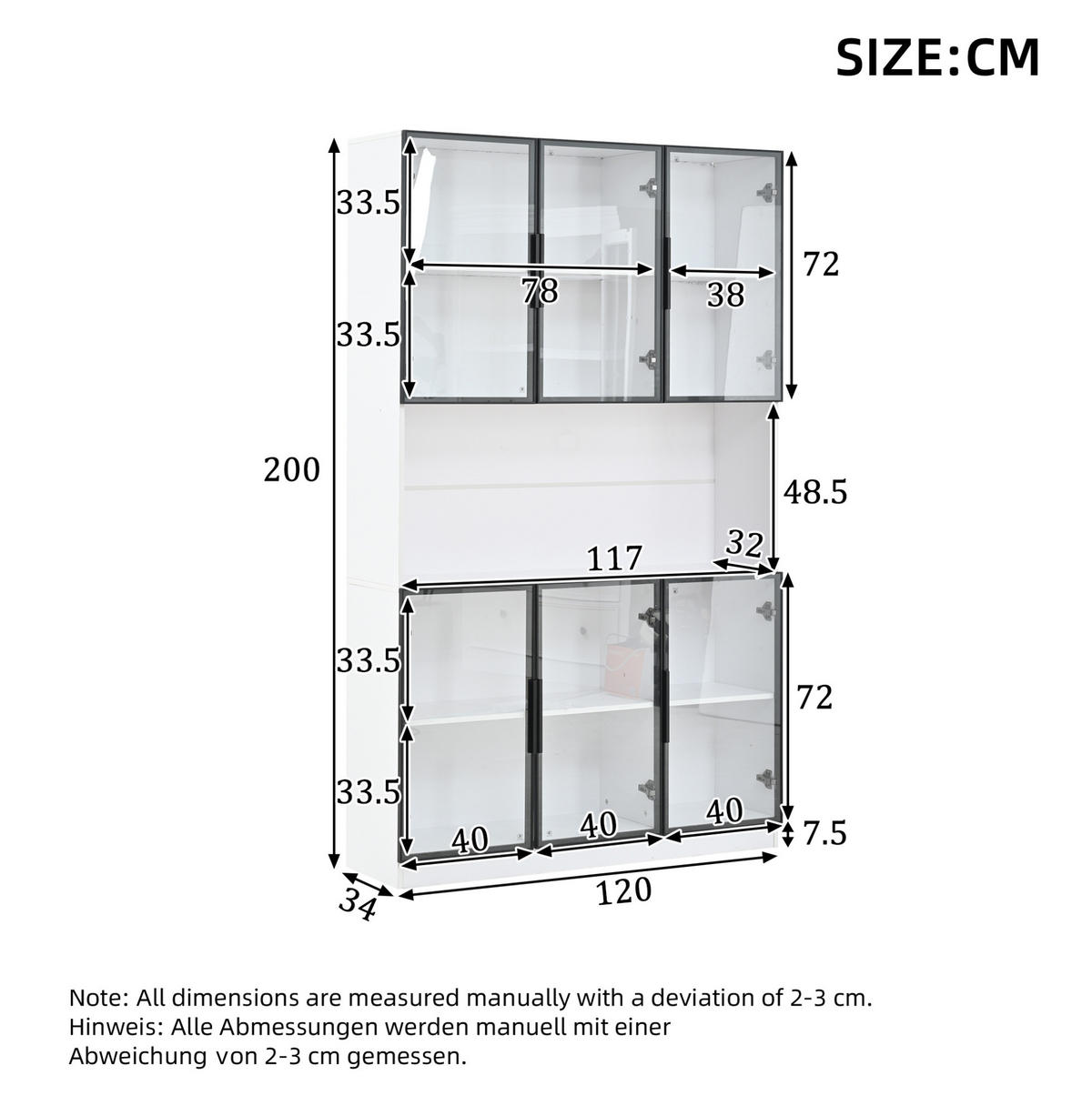 VITRINE 120/34/200 cm aus MDF und Glas mit 6 Türen, LED-Beleuchtung und Soft-Close, Weiß - Weiß, Holzwerkstoff (120/200/34cm) - Redom