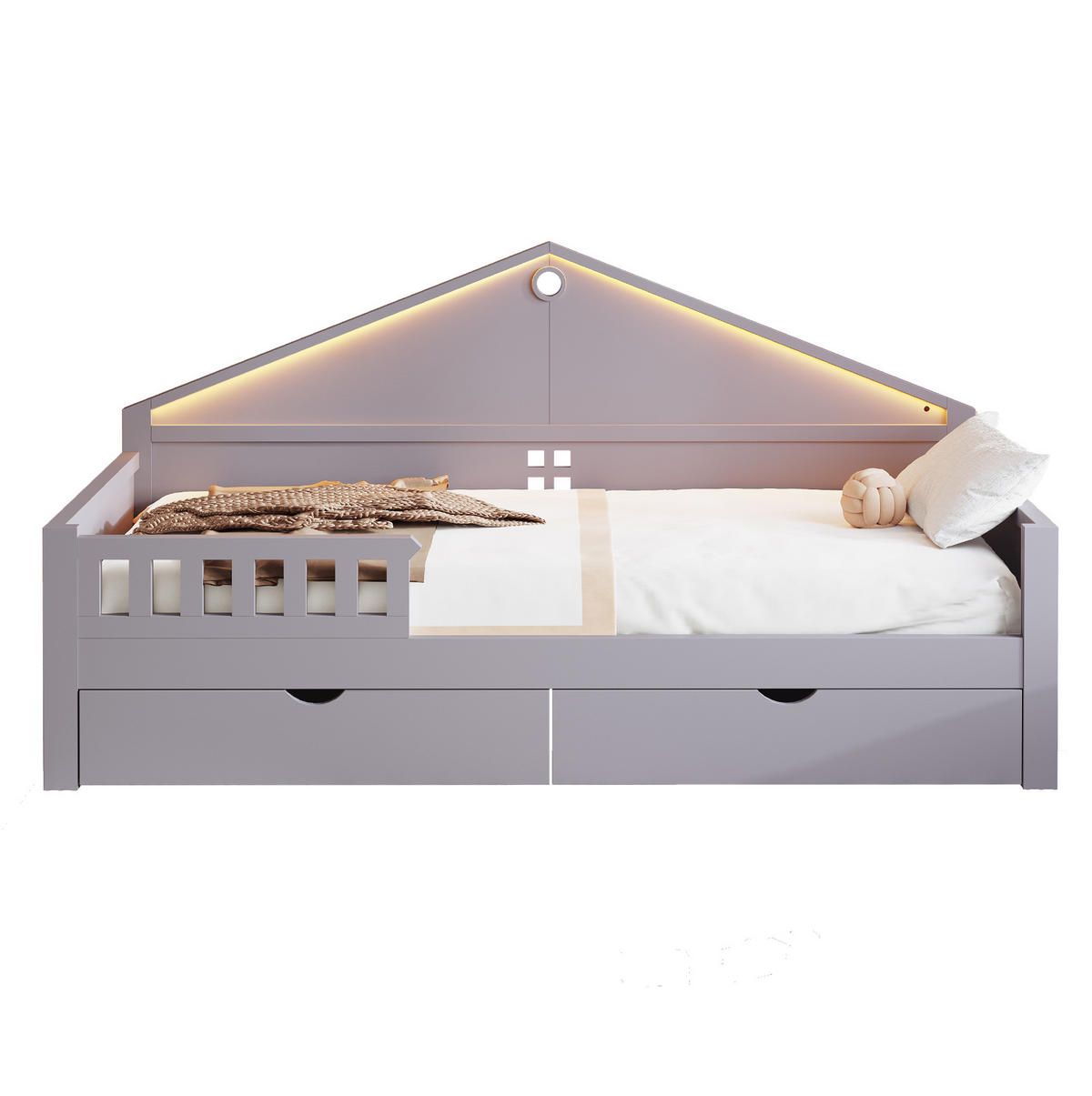KINDEREINZELBETTEN aus Holz und MDF 90x200 cm in Grau mit LED & 2 Schubladen - Grau, Holz (90/200cm) - Modfu