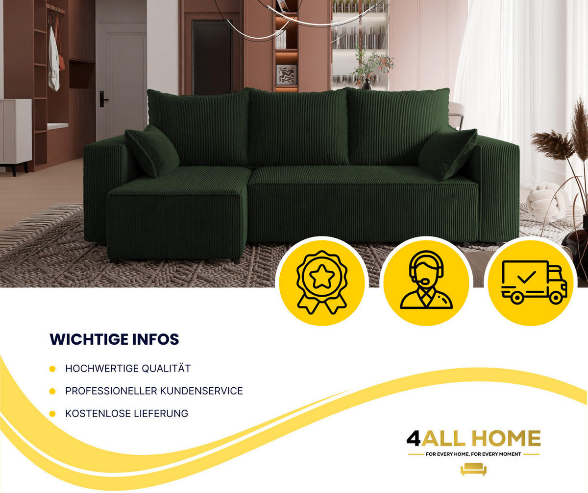 ECKSOFA Tobi mit Bettkasten und Schlaffunktion, L-Form, Cordstoff, Universal - Dunkelgrün, Holzwerkstoff (246/145cm) - 4ALL HOME