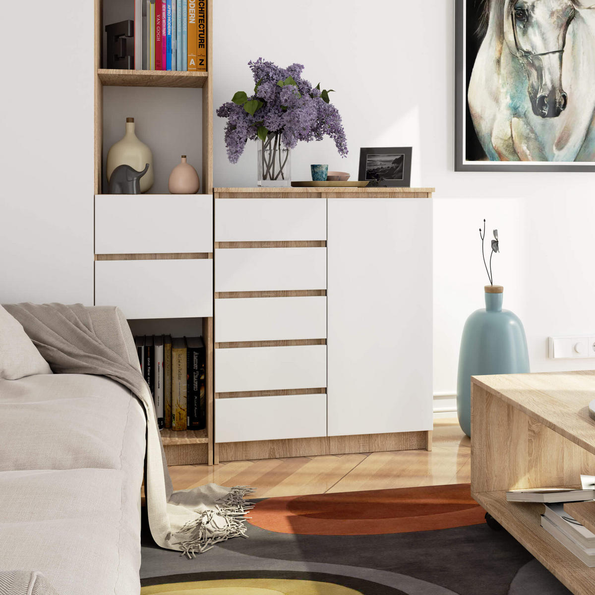 KOMMODE Eiche Sonoma, Weiß 97/80/35 - Weiß, Holzwerkstoff (80/97/35cm) - RAUMHIRSCH FURNITURE