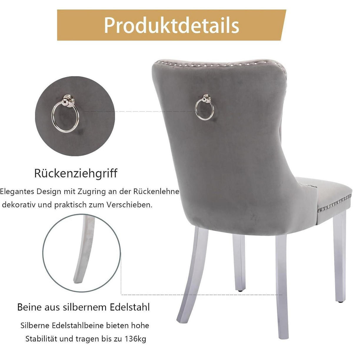 ESSZIMMERSTÜHLE 8er Set Grau Samt mit Edelstahlbeinen - Grau, Textil (50/95.2/62cm)