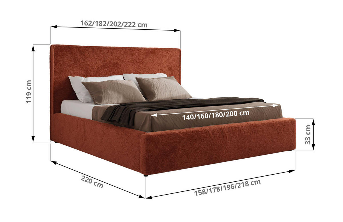 POLSTERBETT CORIVO CLASSIC 160/200 - Orange Plüsch - Schaum-Matratze - Orange, Textil (160/200cm) - MKS