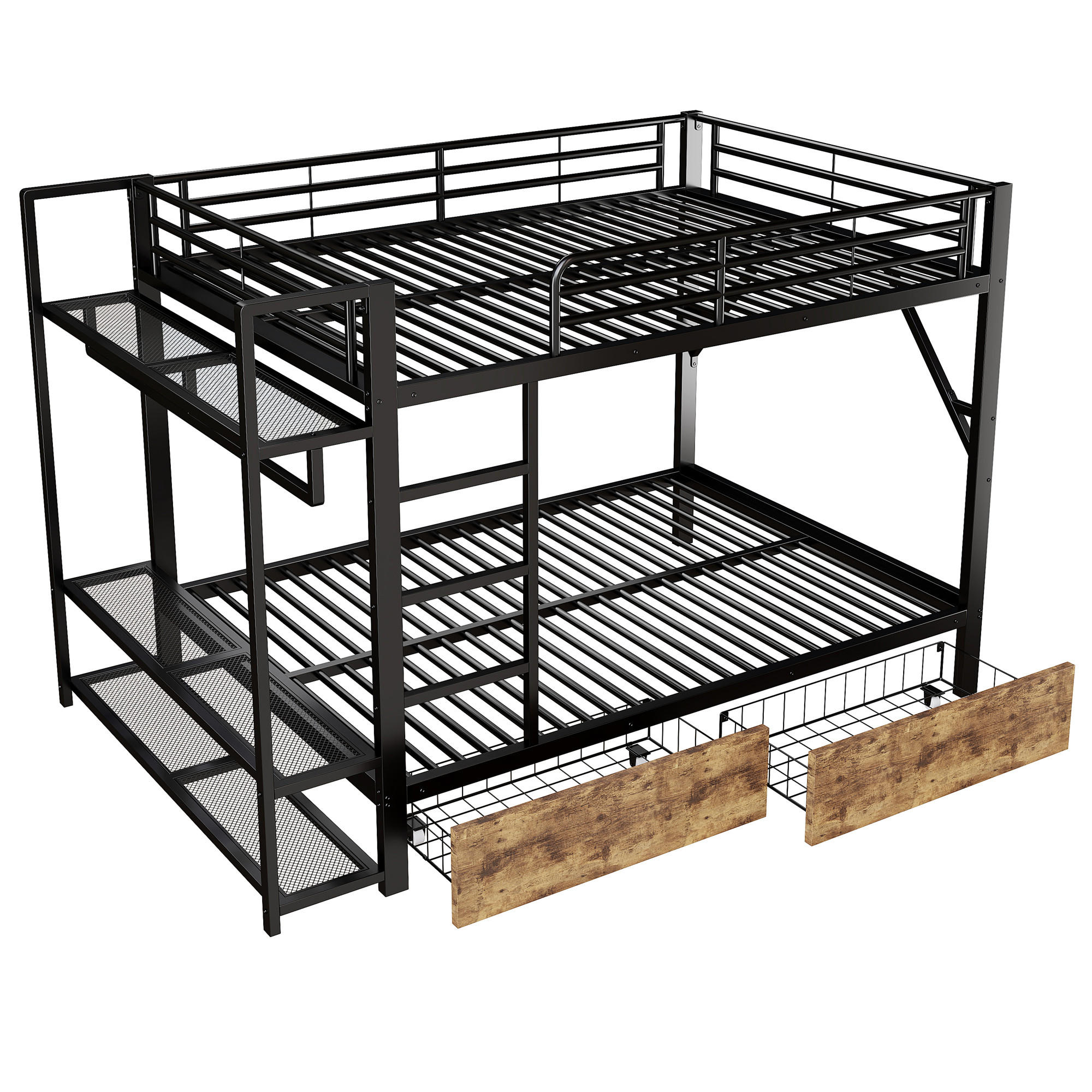 ETAGENBETT 140/200 cm Schwarz mit LED-Lichtleiste, Kleiderstange, 2 Schubladen und mehrere Ablageflächen - Schwarz, Metall (140/200cm) - Oxeza