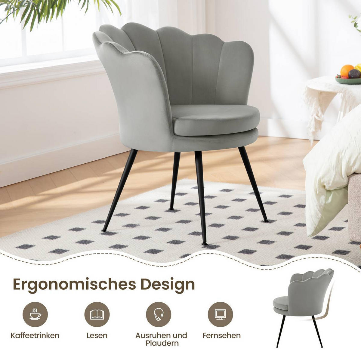 RELAXSESSEL Blumenform, Samtbezug, Grau - Schwarz/Grau, Textil/Metall (68/75/62cm) - Woltu