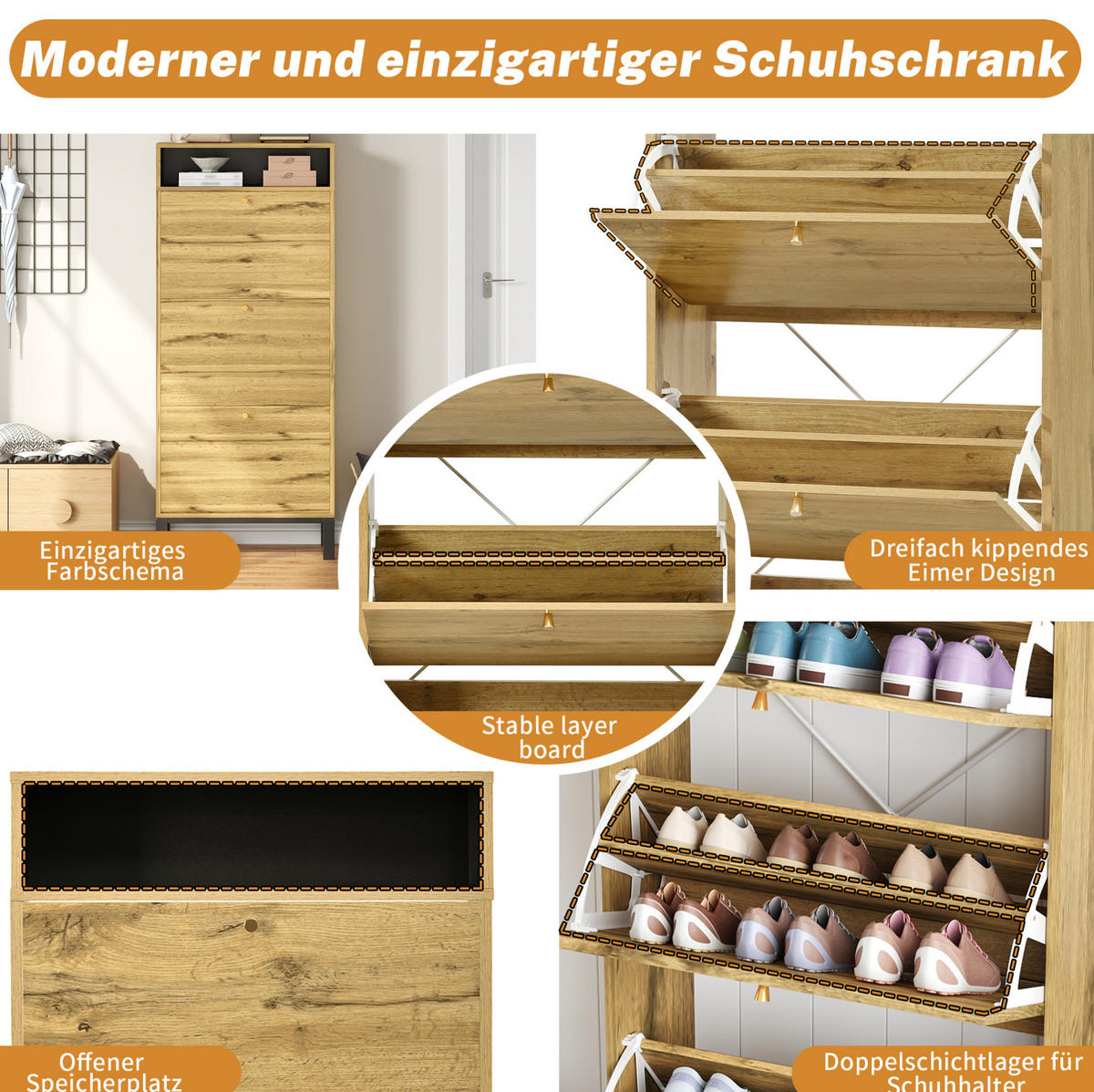 SCHUHSCHRANK 63/24/147 cm in Natur mit 3 Klappen und offenen Fächern - Naturfarben, Holzwerkstoff (63/147/24cm) - Flora Grace