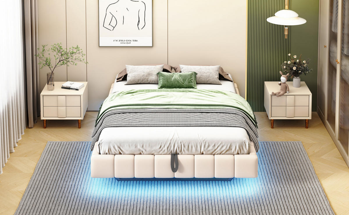 POLSTERBETT 140x200 cm LED Stauraum beige - Beige, Textil (140/200cm) - Fortuna Lai