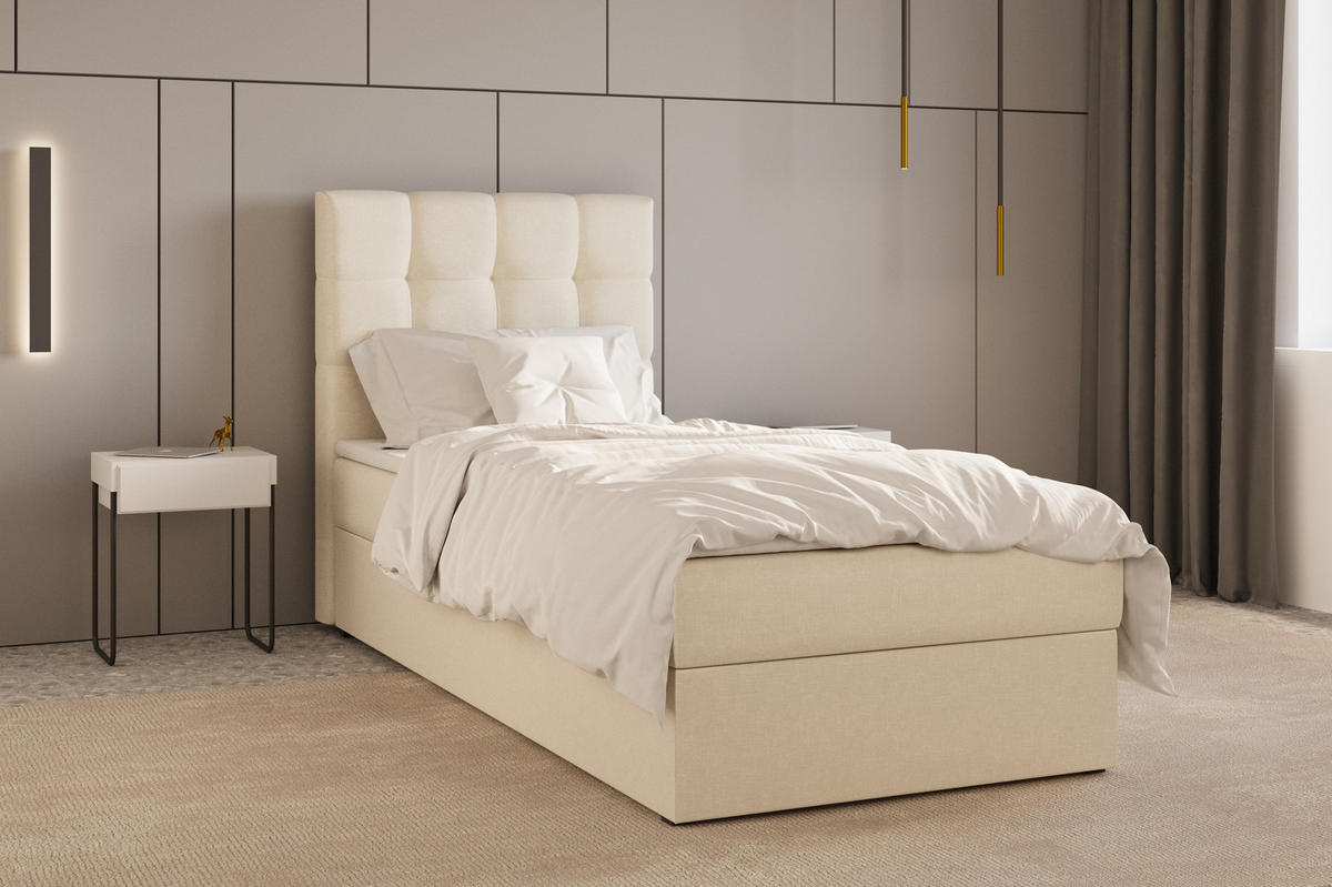 BOXBETT - Bett 05 OSLO - Hugo - 90x200 cm - mit Bettkasten und Waschbarem Topper - Beige, Holz (90/200cm) - ROYAL24_MARKT