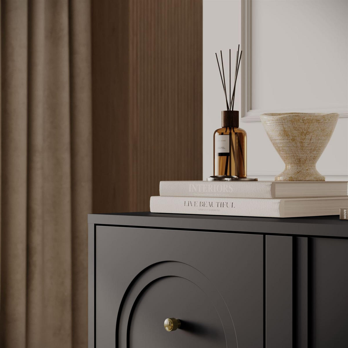 SIDEBOARD LIBERTY 4D auf Holzbeinen schwarz - Schwarz, Holzwerkstoff (154/82/39cm) - Lookway