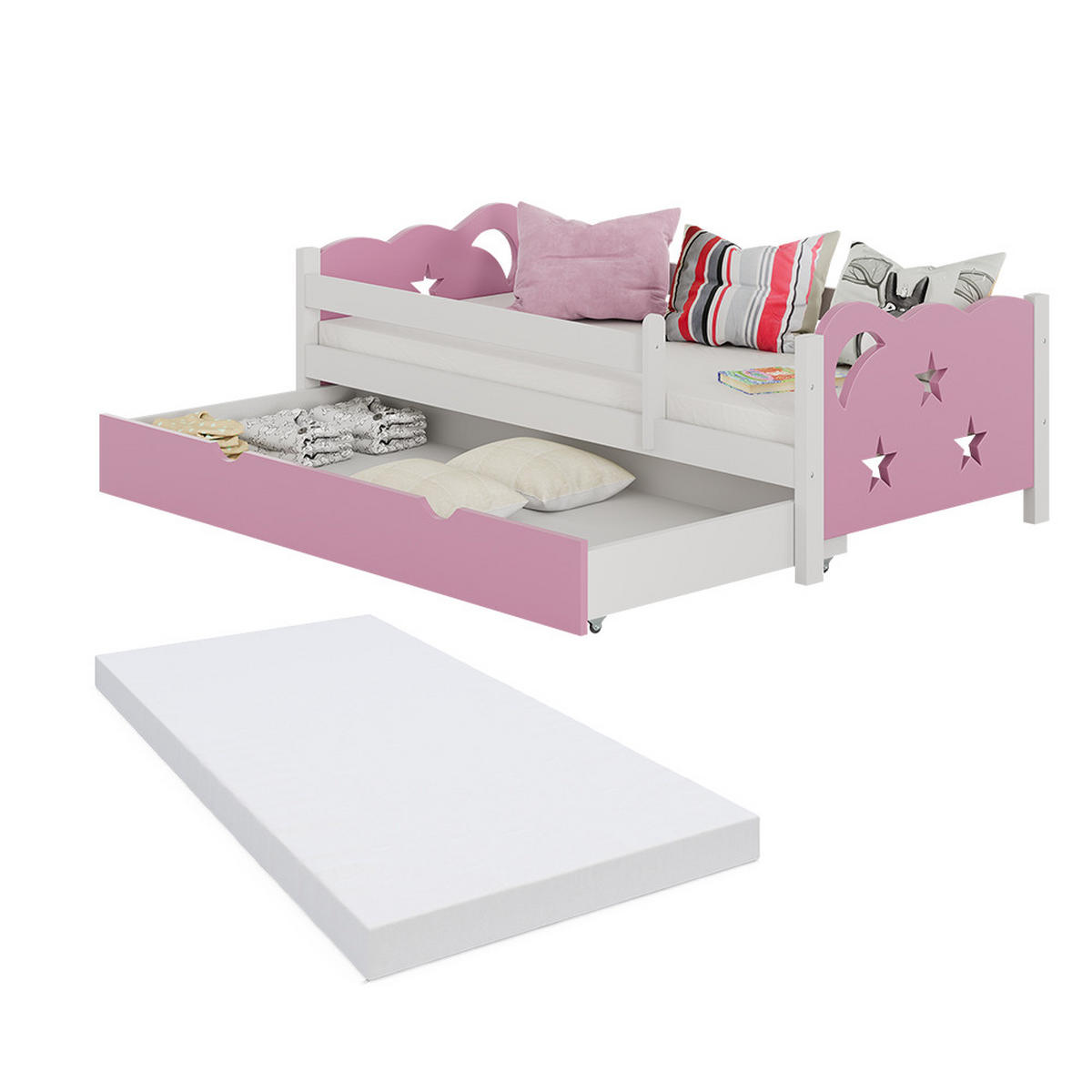 KINDERBETT Jessica Rosa/Weiß 80x160 cm mit Schublade und Matratze - Pink/Weiß, Holzwerkstoff (166/53/86cm) - VitaliSpa