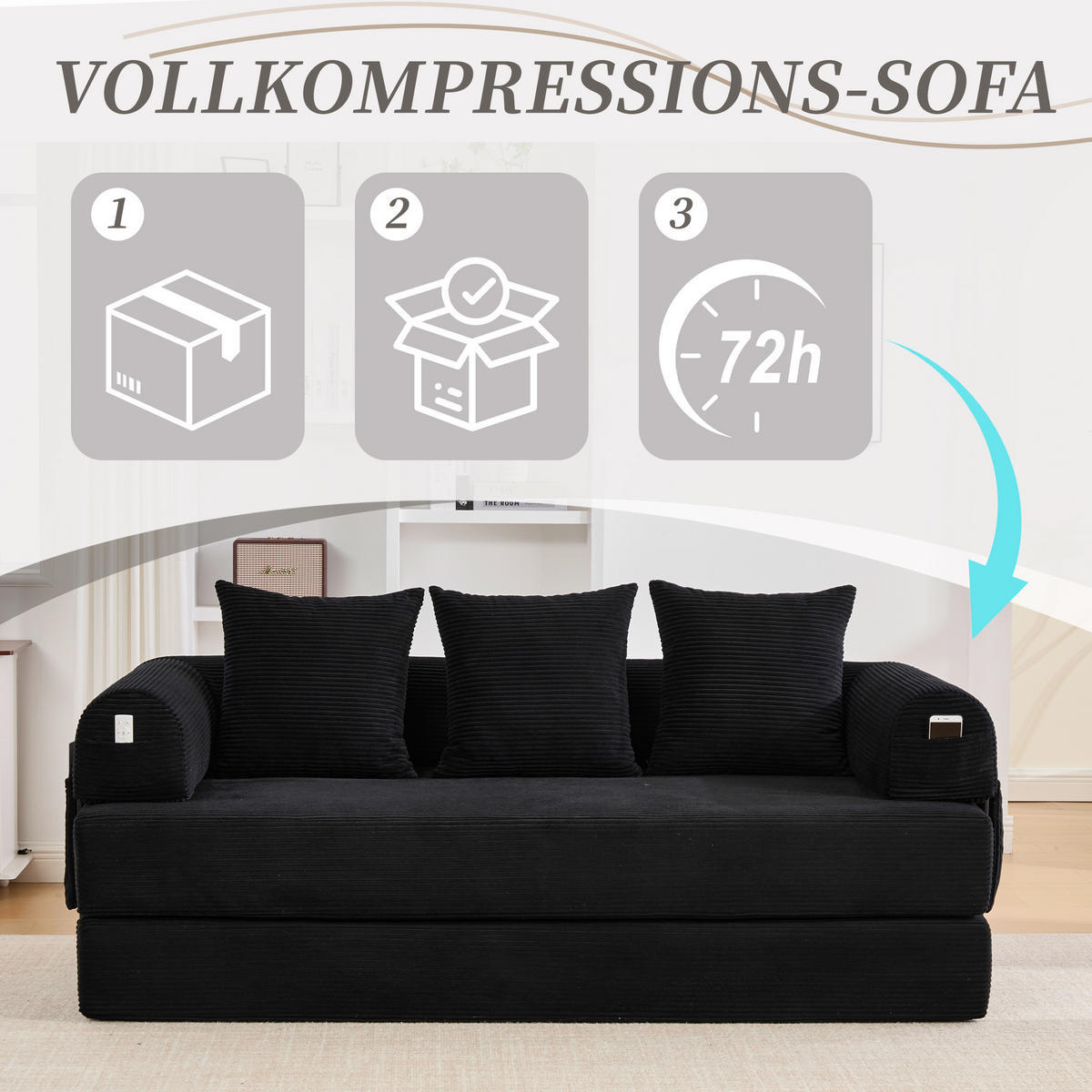 SCHLAFSOFA 200/94/67 cm Schwarz mit Seitentaschen plus und 3 Kissen - Schwarz, Textil (200/67/94cm) - Oxeza