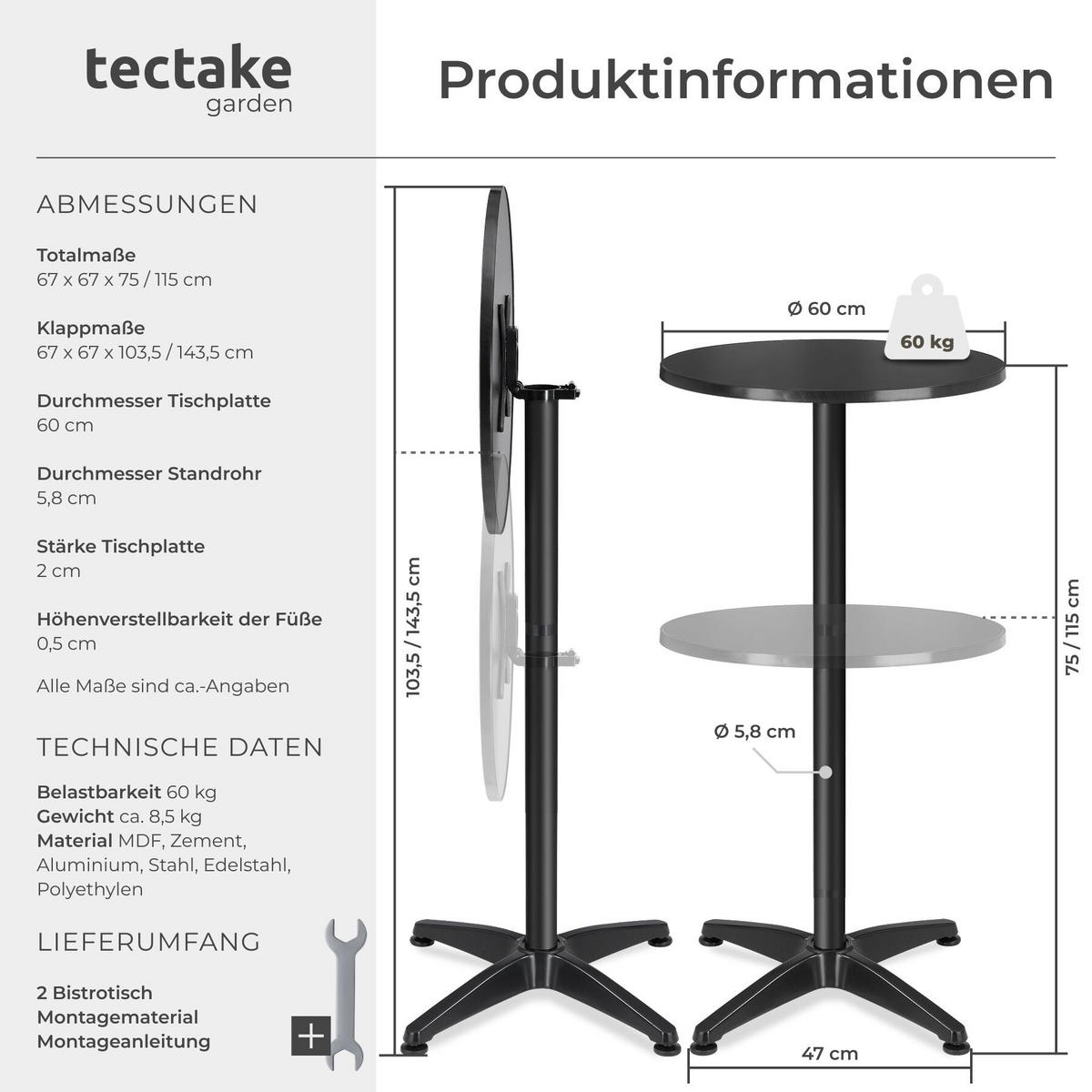 BISTROTISCH aus Aluminium Viktor, höhenverstellbare Kunststofffüße, schwarz - Schwarz, Holz (67/67/115cm) - tectake