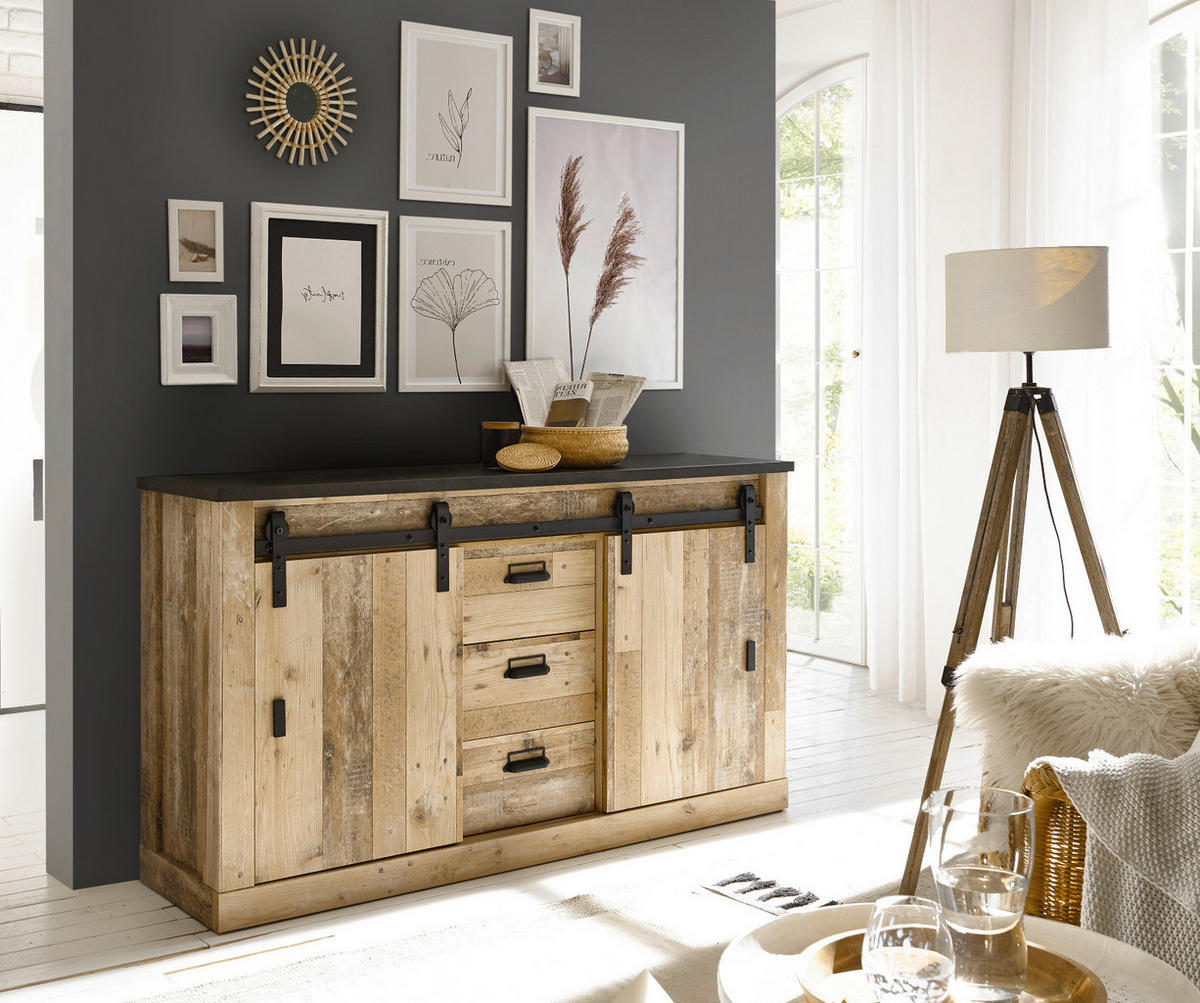 SIDEBOARD Used Wood hell, anthrazit 162 cm, Kommode mit Soft-Close - Anthrazit/Schwarz, Holzwerkstoff/Metall (162/91/43cm) - Furn.Design
