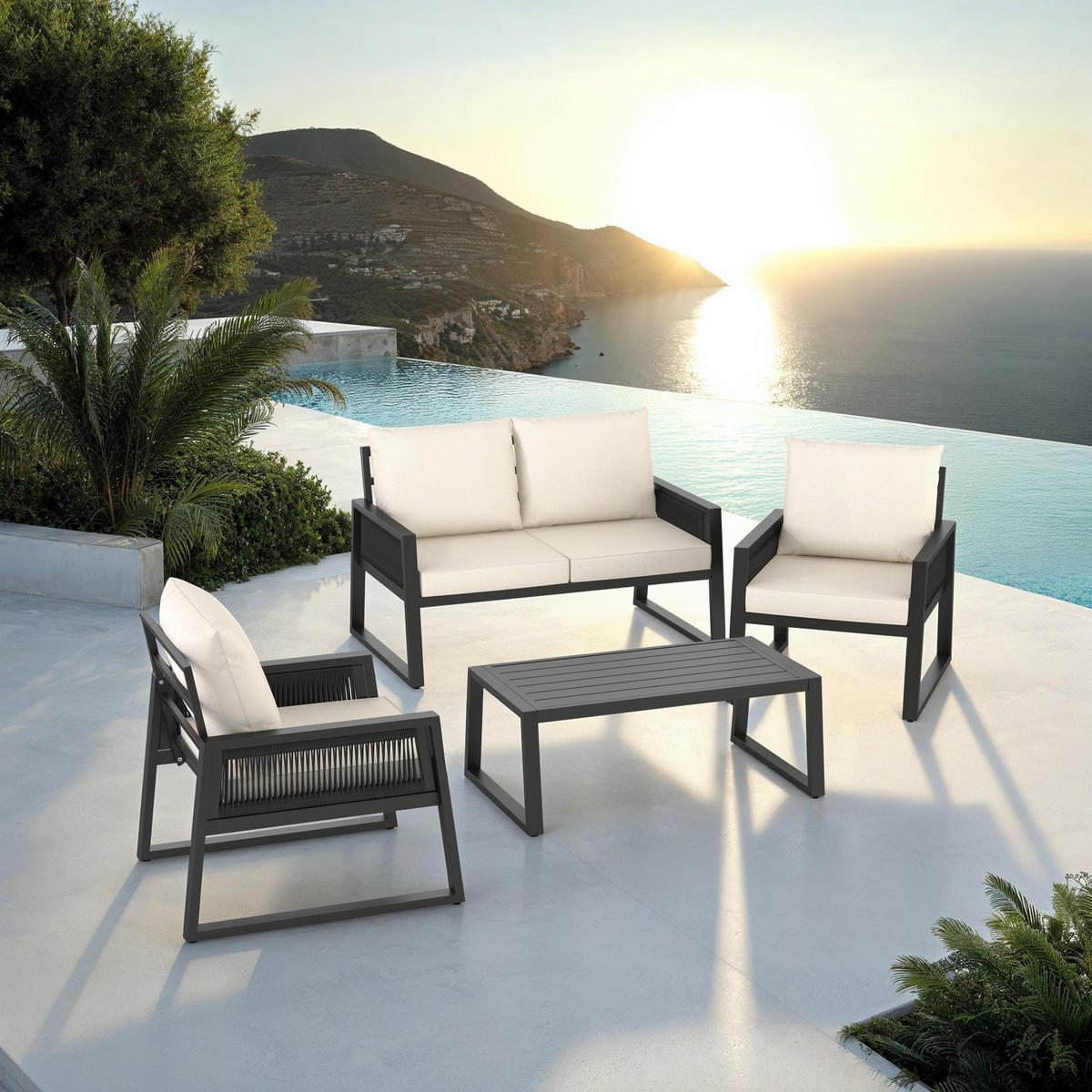 GARTEN-LOUNGE SET Captive,Tisch mit Lamellenmuster,anthrazit - Anthrazit, Kunststoff/Metall - tectake