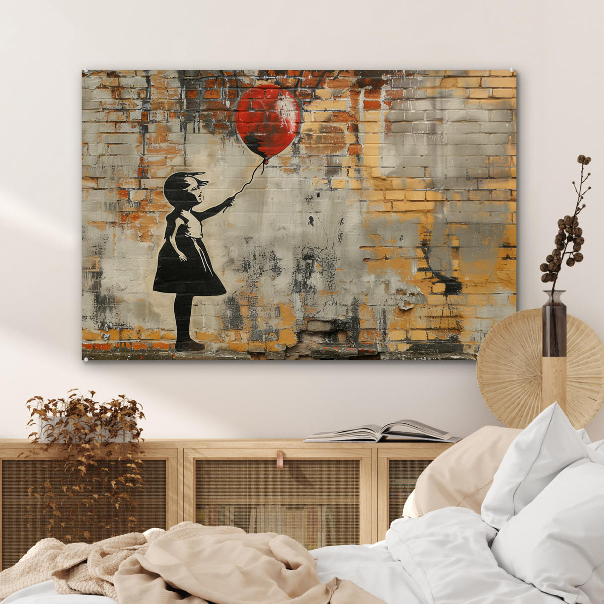 ACRYLGLASBILD Graffiti - Banksy - Mädchen - Straßenkunst 90x60 cm - Sandfarben, Glas (90/60cm) - MuchoWow