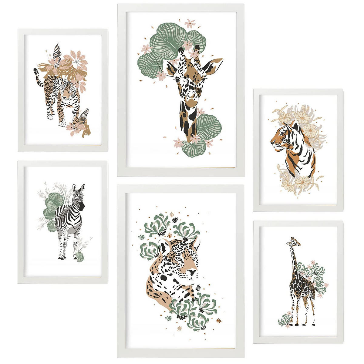 POSTER Set Mit 6 Dschungeltier Größe A3 & A4 Weißer Rahmen - Weiß, Papier (29.7/1cm) - Nacnic