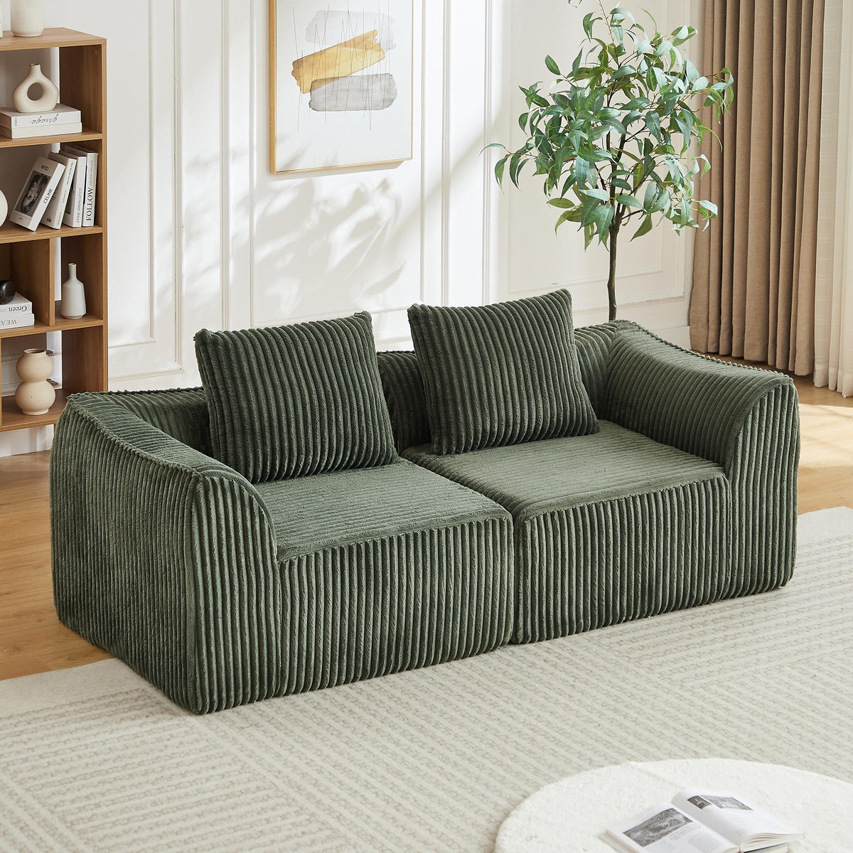 2-SITZER SOFA Cord Grün mit 2 Kissen - Grün, Textil (185/72.5/101cm) - WISHDOR