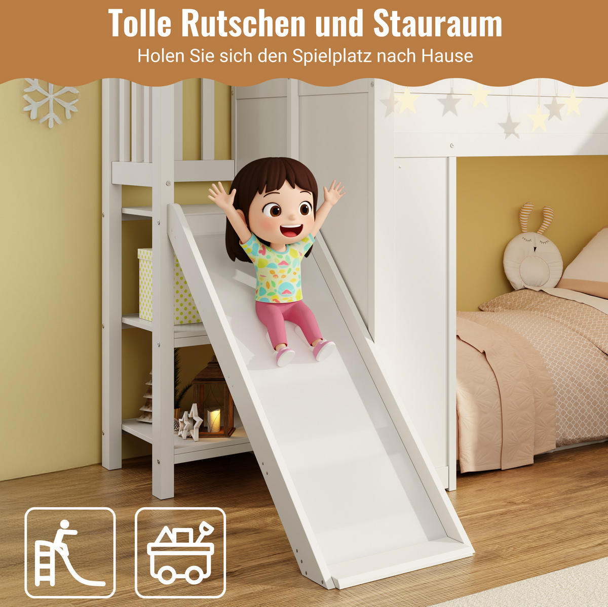 ETAGENBETT 90/200 cm in Weiß mit Rutsche, Stauraumtreppe und LED-Beleuchtung - Weiß, Holzwerkstoff (90/200cm) - OKMYHOME