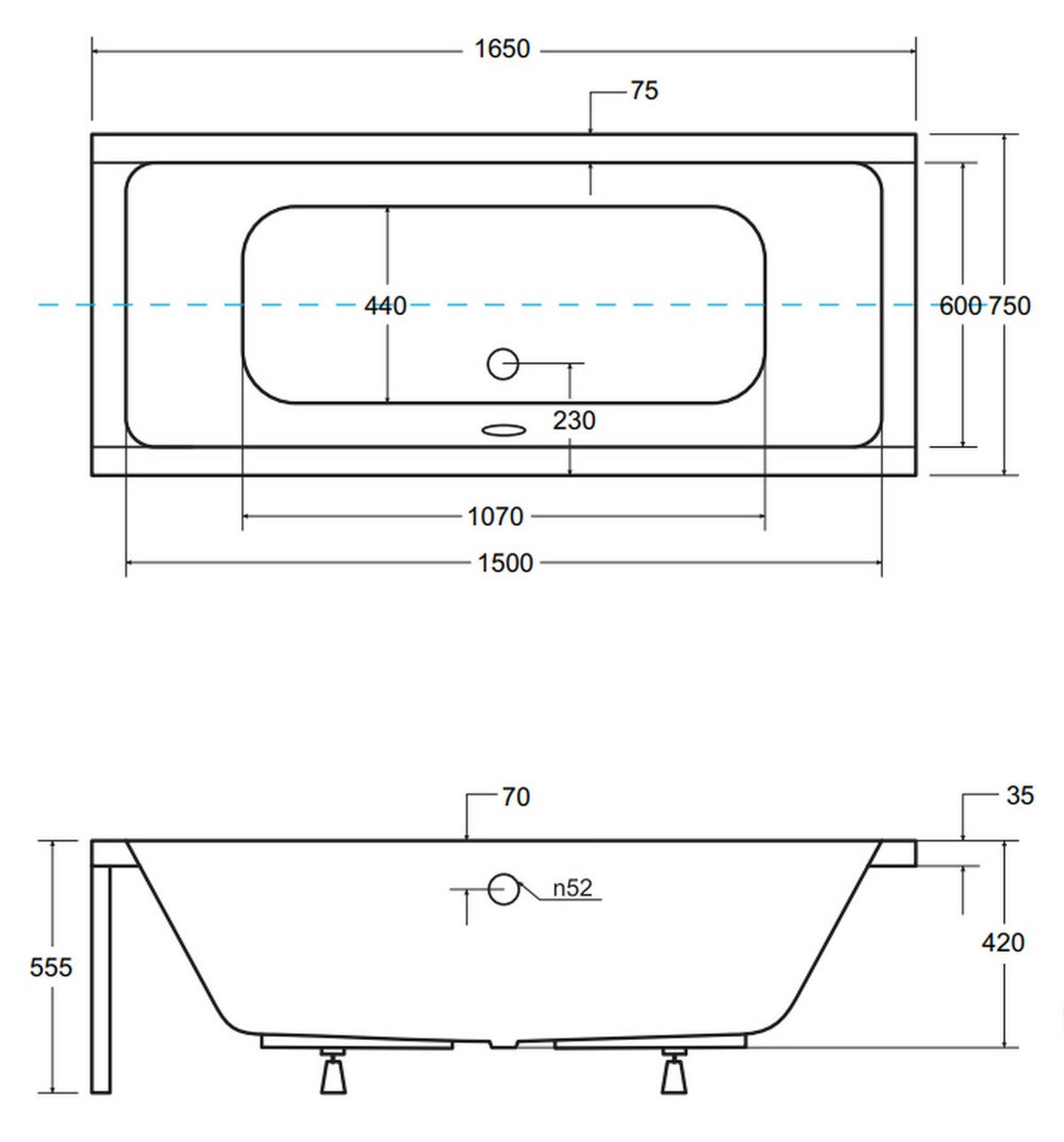 BADEWANNE Rechteck QUADRO 165/75 Ablauf & Füße - Weiß, Kunststoff (75/55.5/165cm) - bad land