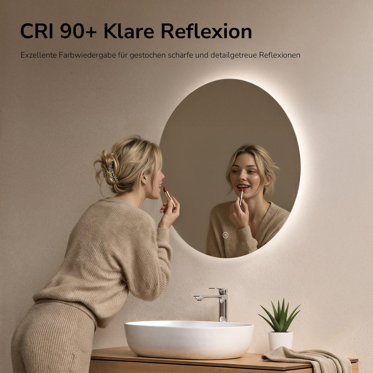 BADSPIEGEL Rund mit Beleuchtung Rahmenlos, Kaltweißes Licht, beschlagfrei, Ø 60 cm - Weiß, Glas (60/3/60cm) - EMKE